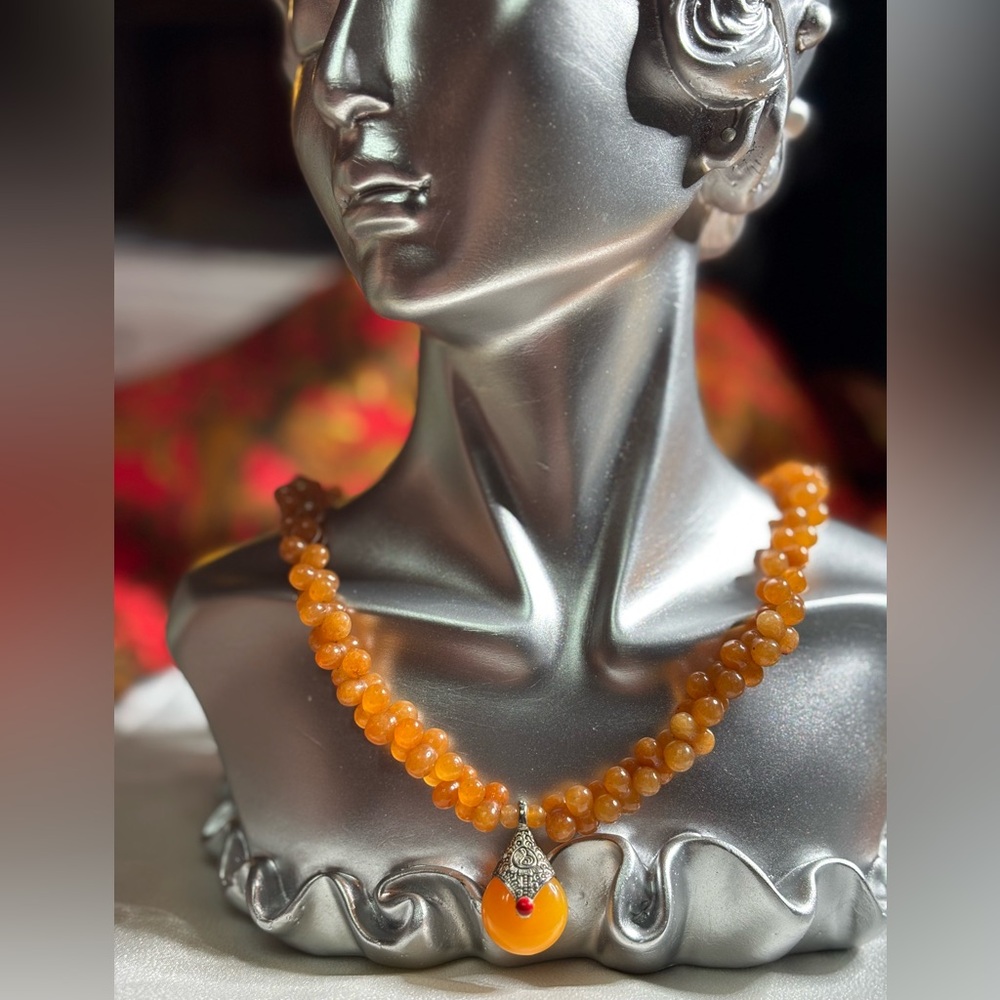 Orange Aventurine Necklace with Tibetan Teardrop Pendant 17 in.